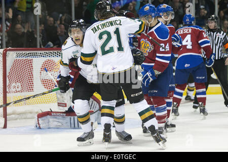 London, Ontario, Kanada. 18. Mai 2014. Dakota Mermis und Chandler Yakimowicz feiern nach seinem Tor gegen die Edmonton Oil Kings in der ihre Zeit bei den Memorial Cup in London Ontario am 19. Mai 2014. Edmonton besiegten Ritter 5-2 Verbesserung ihren Rekord auf 1-1, während die Host-Ritter auf 0-2 fallen. Bildnachweis: Mark Spowart/Alamy Live-Nachrichten Stockfoto