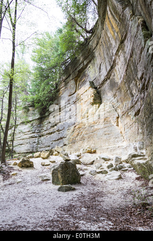 großen Sandsteinfelsen mit Felsen, die in der Vergangenheit verwandelt sich in Pulver auf dem Boden, St Louis State Park Illinois gefallen sind Stockfoto