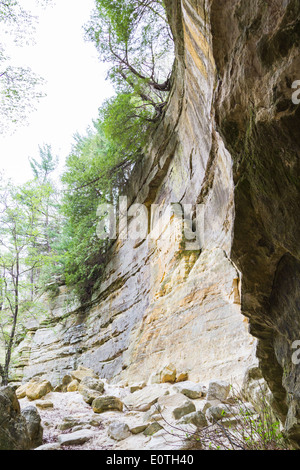 großen Sandsteinfelsen mit Felsen, die in der Vergangenheit verwandelt sich in Pulver auf dem Boden, St Louis State Park Illinois gefallen sind Stockfoto