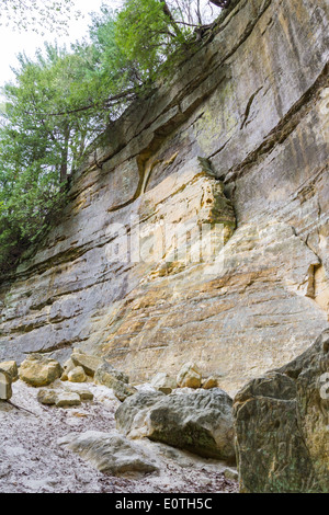 großen Sandsteinfelsen mit Felsen, die in der Vergangenheit verwandelt sich in Pulver auf dem Boden, St Louis State Park Illinois gefallen sind Stockfoto