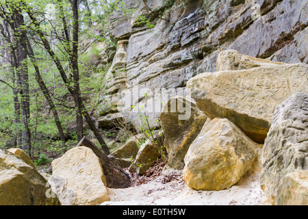 großen Sandsteinfelsen mit Felsen, die in der Vergangenheit verwandelt sich in Pulver auf dem Boden, St Louis State Park Illinois gefallen sind Stockfoto