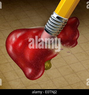 Verlieren die Funktion der Leber Gesundheit und einen Rückgang der Verdauung und Entgiftung System verursacht durch Krebs oder Krankheit als ein Radiergummi Löschen einer alten Grunge medizinische Illustration der menschliche Drüse auf Pergamentpapier. Stockfoto