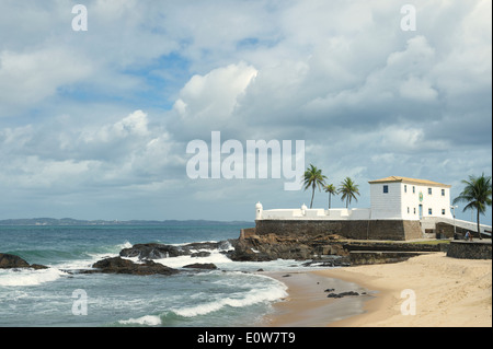 Koloniale Fort Santa Maria in Barra Salvador Brasilien erbaut am tropischen Strand mit Palmen Stockfoto