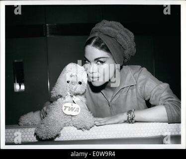 4. April 1962 - New York International Airport... Marie Gomez, ein französischer Tanz Import, posiert mit ihren winzigen ausgestopften Hund vor Stockfoto