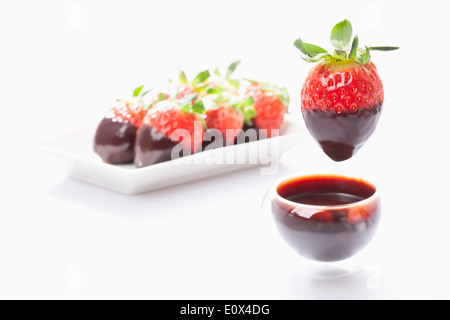 Erdbeeren in Schokolade getaucht Stockfoto