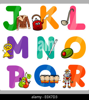 Cartoon-Illustration der lustige Großbuchstaben-Alphabet mit Objekten für Sprache und Wortschatz Bildung von J bis R Stockfoto