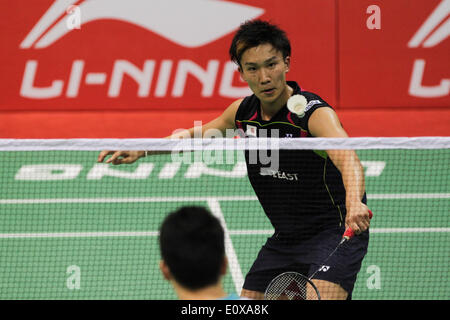 (140520)--NEU-DELHI, 20. Mai 2014 (Xinhua)--Kento Momota Japan Renditen ein Schuss nach Wei Nan aus China Hongkong während ihre Thomas Cup-Badminton-Spiel im Siri Fort-Stadion in New Delhi am 20. Mai 2014. Kento Momota gewann 2: 0. (Xinhua/Zheng Huansong) Stockfoto
