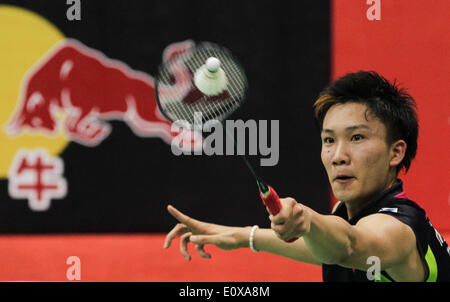 (140520)--NEU-DELHI, 20. Mai 2014 (Xinhua)--Kento Momota Japan Renditen ein Schuss nach Wei Nan aus China Hongkong während ihre Thomas Cup-Badminton-Spiel im Siri Fort-Stadion in New Delhi am 20. Mai 2014. Kento Momota gewann 2: 0. (Xinhua/Zheng Huansong) Stockfoto