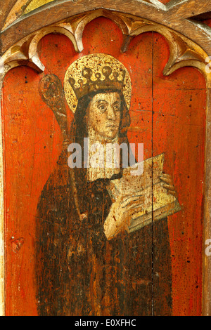 St. Etheldreda, mittelalterliche Lettner, Malerei, 1500, North Tuddenham, Norfolk. Heilige, Äbtissin, Queen of East Anglia Heiligen Stockfoto