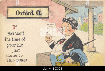 Diese Postkarte aus der Sammlung Bowden zeigt den Bahnhof von Oxford, Ohio, und bietet einen Einblick in die Reiseszene in Amerika Mitte des 20. Jahrhunderts und unterstreicht die Bedeutung des Eisenbahnverkehrs in dieser Zeit. Stockfoto