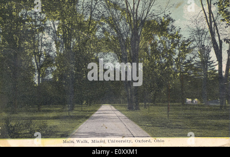 Diese Postkarte aus der Bowden Collection zeigt den Main Walk in Oxford, Ohio, und zeigt die landschaftliche Schönheit der Oxford Trails. Die von Bäumen gesäumten Wege bieten einen ruhigen Spaziergang durch diese College-Stadt. Das Bild spiegelt die ruhige und natürliche Umgebung von Oxford wider, aufgenommen durch die Linse der Bowden Postcard Collection, die die bezaubernden Landschaften der Stadt Ohio hervorhebt. Stockfoto