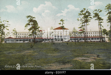 Die Postkarte „Park in the Pines“ aus der Bowden Collection zeigt historische Gebäude und Parks in Aiken, South Carolina. Es fängt den Charme der Gegend mit seinen Kiefern und historischen Strukturen ein und unterstreicht die historische Bedeutung der Region. Stockfoto