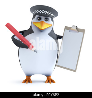 3D Polizei Pinguin hält einen Zwischenablage und Bleistift Stockfoto