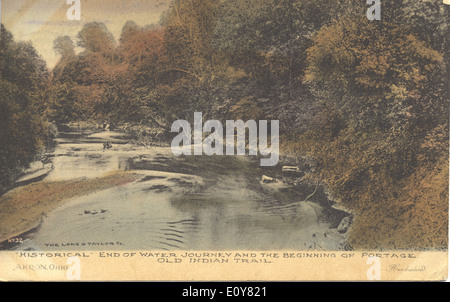 Diese Postkarte aus der Sammlung Bowden zeigt das Ende der Wasserreise und den Beginn der Portage in den Akron Streams in Ohio und spiegelt die historischen Transportwege der Region wider. Stockfoto