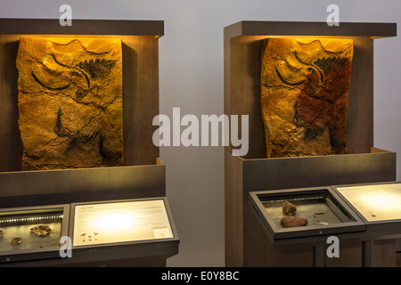 Altsteinzeit Werkzeuge und Nachbildung der Höhlenmalerei zeigt Bison, National Museum and Research Center von Altamira in Kantabrien, Spanien Stockfoto