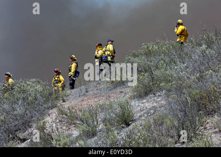 CALFIRE Feuerwehr überwachen Wassertropfen auf die Tomahawk und Las Pulgas Waldbrände, da sie die Ausläufern 16. Mai 2014 in Camp Pendleton, Kalifornien verbrennen. Das Las Pulgas Wildfire in Camp Pendleton verbrannt hat mehr als 15.000 Hektar und ist das größte Feuer in San Diego County Geschichte. Stockfoto