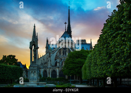 Abend in Place Jean XXIII hinter der Kathedrale Notre-Dame, Paris Frankreich Stockfoto