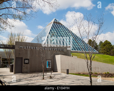 Die markante Glaspyramiden des Muttart Conservatory, ein botanischer Garten und bekannte Wahrzeichen von Edmonton, Alberta, Kanada. Stockfoto