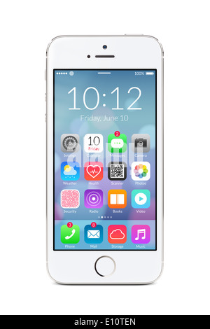 Direkt Vorderansicht weißen mobile smart phone mit flache Design-Applikations-Icons auf dem Bildschirm zu isoliert auf weißem Hintergrund. Stockfoto