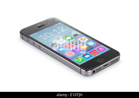 Schwarze moderne Smartphone mit flachen Bauweise Applikations-Icons auf dem Bildschirm liegt auf der Oberfläche isoliert auf weißem Hintergrund. Stockfoto