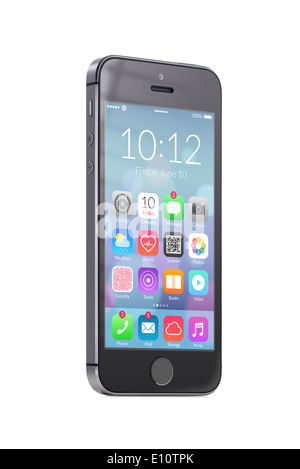 Bottom-up-Sicht auf gedreht auf ein leicht schräg schwarz mobile smart Phone mit bunten flaches Design-Applikations-Icons auf dem Bildschirm. Stockfoto