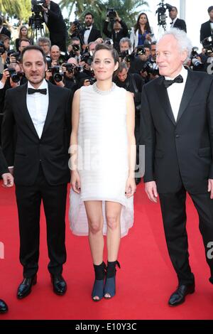 Belgische Regisseur Jean-Pierre Dardenne (R), französische Schauspielerin Marion Cotillard und belgischen Schauspieler Fabrizio Rongione besuchen die Vorführung des Films "Deux Jours, Une Nuit" (zwei Tage, eine Nacht) während der 67. jährlichen Cannes Filmfestspiele in Cannes, Frankreich, 20. Mai 2014. Der Film wurde im offiziellen Wettbewerb des Festivals präsentiert, von 14 bis 25 Mai läuft. Foto: Hubert Boesl/Dpa - NO WIRE SERVICE Stockfoto