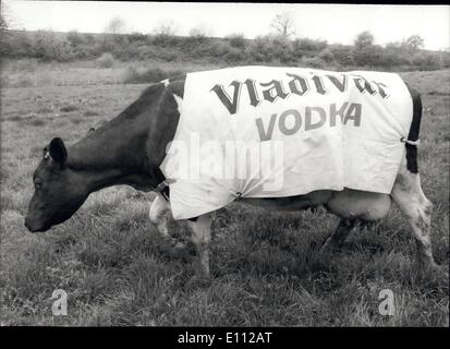 30. April 1975 - Kühe für Werbung in den Bereichen gesehen von Bahnreisenden genutzt: Wenn Sie auf der Brighton-Victoria Line Reisen, die Chancen stehen gut, dass während der Fahrt sehen Sie eine Herde Kühe tragen Mäntel Veröffentlichung Wodka und das Brighton Festival. Die Idee stammt von Herrn David Maby, der eine Londoner Firma Werbung, die sagt, dass es getan wird betreibt, damit die Leute, Werbung in den Bereichen sehen können. Foto zeigt einen der Werbung Kühe gesehen in einem Feld trägt seinen Mantel. Stockfoto