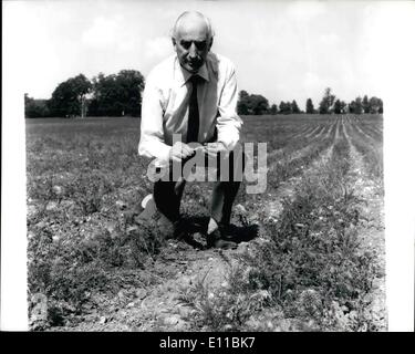 8. August 1976 - Dürre stellen Lebensmittel Preise sagt der Landwirtschaftsminister: eine Warnung von Nahrungsmittelknappheit und höheren Preisen wegen der Trockenheit war geben gestern von Herrn Peart, landwirtschaftliche Minsiter bei einem Rundgang durch ausgedörrte landwirtschaftlichen Gebieten. Er dachte, dass der Anstieg der Preise für Gemüse sehr bald kommen würde. Herr Peart war Bristol am Ende der ersten anlässlich seiner zwei Tage in East Anglia, der West Midlands und West Country. Das Foto zeigt Herrn Peart, die landwirtschaftliche Ministger, Prüfung der verdorrten Ernte und pulvrige Boden in eine Karotte Feld Hall Farm, Euston, Suffolk, gestern. Stockfoto