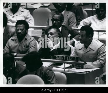 Sept. 09, 1979 - neues Mitglied der UN Saint Lucia: Peter Josie Min für Landwirtschaft, Dr. Barry Auguste pro Rep für St. Lucia, George Odlum DEP Prime Min. und Minister für auswärtige Angelegenheiten (sprach am Podium) Stockfoto