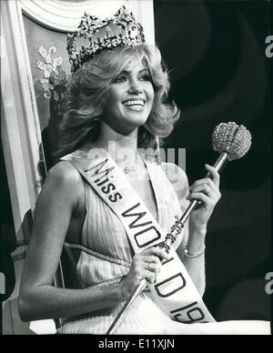 11. November 1980 - Miss Germany ist Miss World: 18 jährige Gabriella Brun Miss Germany, gewann den Titel der Miss World in der Londoner Royal Albert Hall letzte Nacht. Mies Guan wa der Zweitplatzierte und Miss France kam Dritter, Gabriella lebt in Los Angeles mit ihrem 52 Jahre alten Freund, Benno Bollenbsun, wer ist eine Film-Kameramann. Foto zeigt Gabriella Brum abgebildet, nachdem er gekrönt Miss World in der Londoner Royal Albert Hall letzte Nacht. Stockfoto