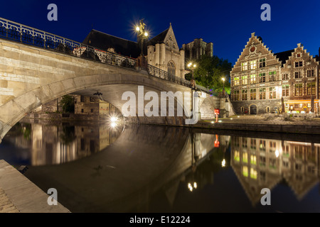 Abend in St. Michael Brücke, Gent, Belgien. Stockfoto