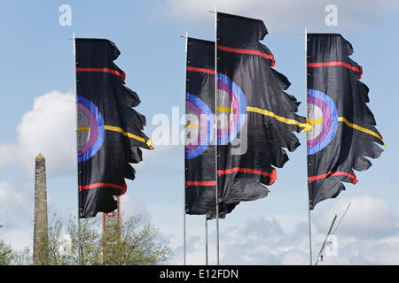 Glasgow Green, Glasgow, Schottland, Großbritannien, 21. Mai 2014. Banner fliegen vor dem Big Weekend Music Festival von BBC Radio 1 Stockfoto