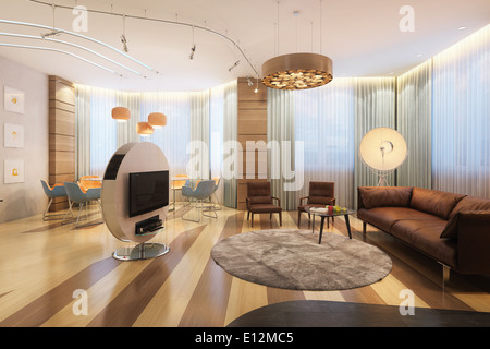 Wohnzimmer mit Ledersofa und Sessel am Kamin Stockfoto