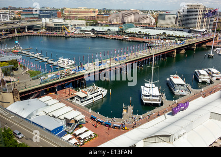 Sydney Australien, Darling Harbour, Hafen, Cockle Bay Promenade, Pyrmont Bridge, Harbourside Shopping Centre, Zentrum, Shopping Shopper Shopper shoppen Shops ma Stockfoto