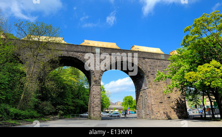 Ein Güterzug überquert die alte viktorianische Viadukt Buxton Derbyshire England UK Stockfoto