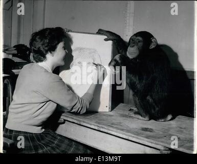 2. März 2012 - Sally The Chimp als ein Modell des Künstlers: geduldig Sally sitzt für Kunststudentin Marion Latter Hornery Kunstschule. Stockfoto