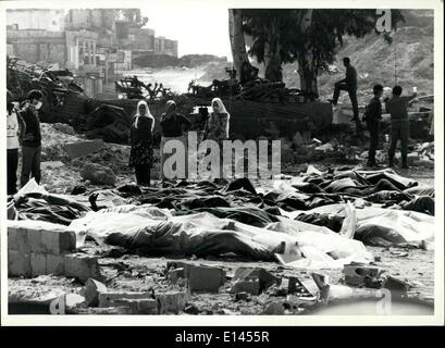 4. April 2012 - United Nations- Hilfswerk für Palästina-Flüchtlinge im Nahen Osten. Shatila Camp, Beirut, 20. September 1982. Stockfoto