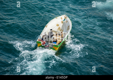 Oman, Khasab, Hafen, iranische Schmuggler Oman und Luxusgüter Schafe bringen zurück in den Iran mit kleinen Booten Stockfoto