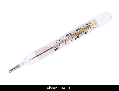 Quecksilber-Thermometer auf einem weißen Hintergrund isoliert Stockfoto