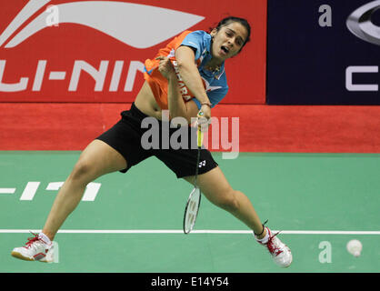 Neu-Delhi. 21. Mai 2014. Indiens Saina Nehwal gibt einen Schuss während der Frauen-Einzel-Match gegen Indonesiens Lindaweni Fanetri in das Viertelfinale der Uber Cup Badminton Meisterschaft in Neu-Delhi 21. Mai 2014 zurück. Saina Nehwal gewann 2: 0. © Zheng Huansong/Xinhua/Alamy Live-Nachrichten Stockfoto