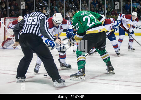 Eine dritte Periode Faceoff zwischen Edmonton Oil Kings und Val-d ' or QMJHL 2014 Memorial Cups am 20. Mai 2014, in London, Ontario, Kanada. Val-d ' or QMJHL ging auf in den Kampf zurück aus einem zwei Tor Rückstand auf das Spiel in der Overtime zu gewinnen. Stockfoto