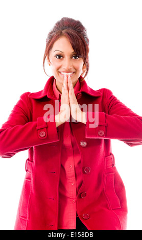 Junge Inderin mit Händen trat einladend Stockfoto