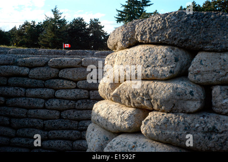 AJAXNETPHOTO. FRANKREICH - VIMY RIDGE - SCHLACHTFELDER - DIE AUSSICHT VON EINEM DER VIELEN UMGEBAUTEN GRÄBEN MIT DER KANADISCHEN NATIONALFLAGGE IM HINTERGRUND.  FOTO: JONATHAN EASTLAND/AJAX REF: RD52110 / 789 Stockfoto