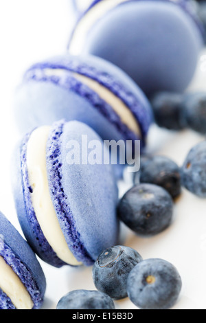 Gourmet-kleine bunte französische Macarons mit Heidelbeer-Geschmack. Stockfoto