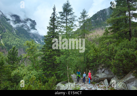 Familie Wandern in großen kalten Tal (Velka Studena Dolina). Sommer trübe Aussicht. Hohe Tatra, Slowakei. Stockfoto