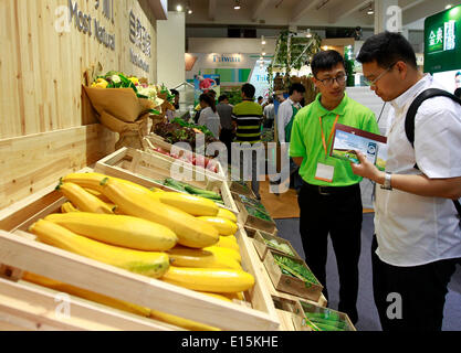 Shanghai, China. 23. Mai 2014. Ein Besucher berät vor einem Stand auf der 8. International Organic Trade Fair and Conference (BioFach China) in Shanghai, Ost-China, 23. Mai 2014. Die Bio Messe, die am Donnerstag begann, zog mehr als 300 Aussteller aus 16 Ländern und Regionen. © Ding Ting/Xinhua/Alamy Live-Nachrichten Stockfoto