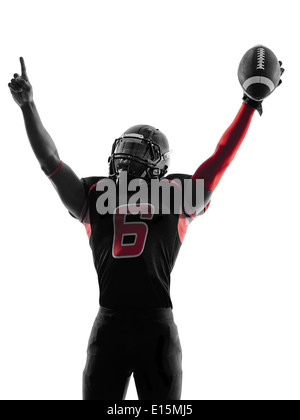ein american-Football-Spieler Porträt feiert Touchdown im Silhouette Schatten auf weißem Hintergrund Stockfoto