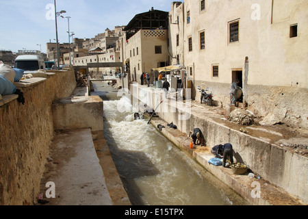 Männer arbeiten in Gerbereien in Fes, Marokko Stockfoto