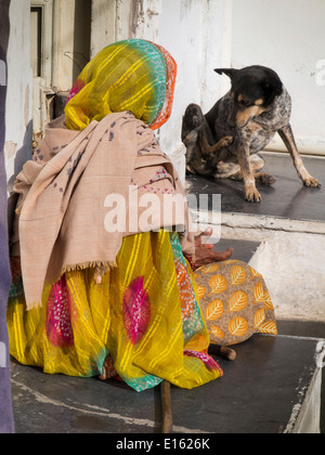 Indien, Rajasthan, Udaipur, Chandpole, alte Frau und Hund draußen in der Sonne sitzen Stockfoto