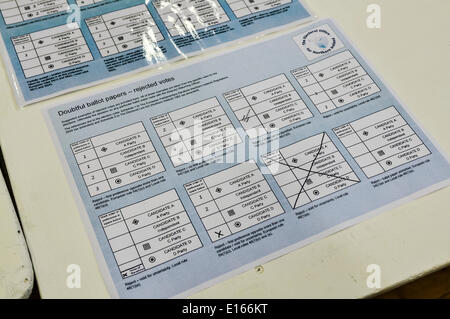 Newtownabbey, Nordirland. 23. Mai 2014 - Leitlinien für die Ablehnung zweifelhaft Stimmzettel Papiere in einer proportionalen Vertretung Wahl Credit: Stephen Barnes/Alamy Live News Stockfoto